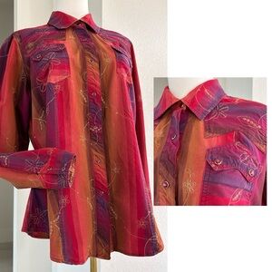 Roper Colorful Red Purple Rust Embroidered Western Rodeo Snap Shirt Womens L